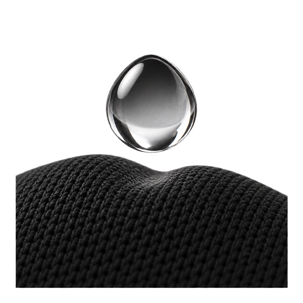 Illustration of a water droplet above textured black fabric.