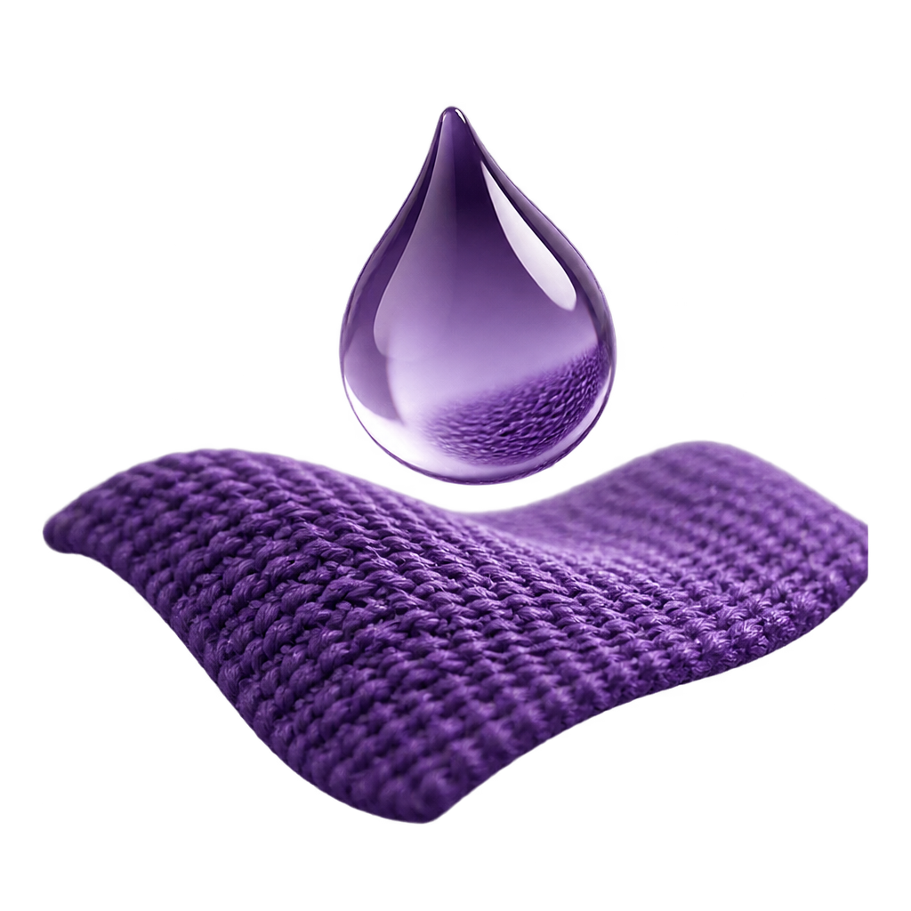 Illustration of a purple-tinted water droplet above a purple knitted fabric swatch.