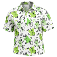 Front view of a white golf polo with green and black cocktail-themed graphics.