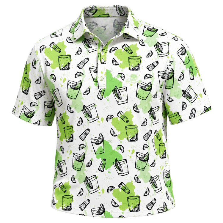 Front view of a white golf polo with green and black cocktail-themed graphics.