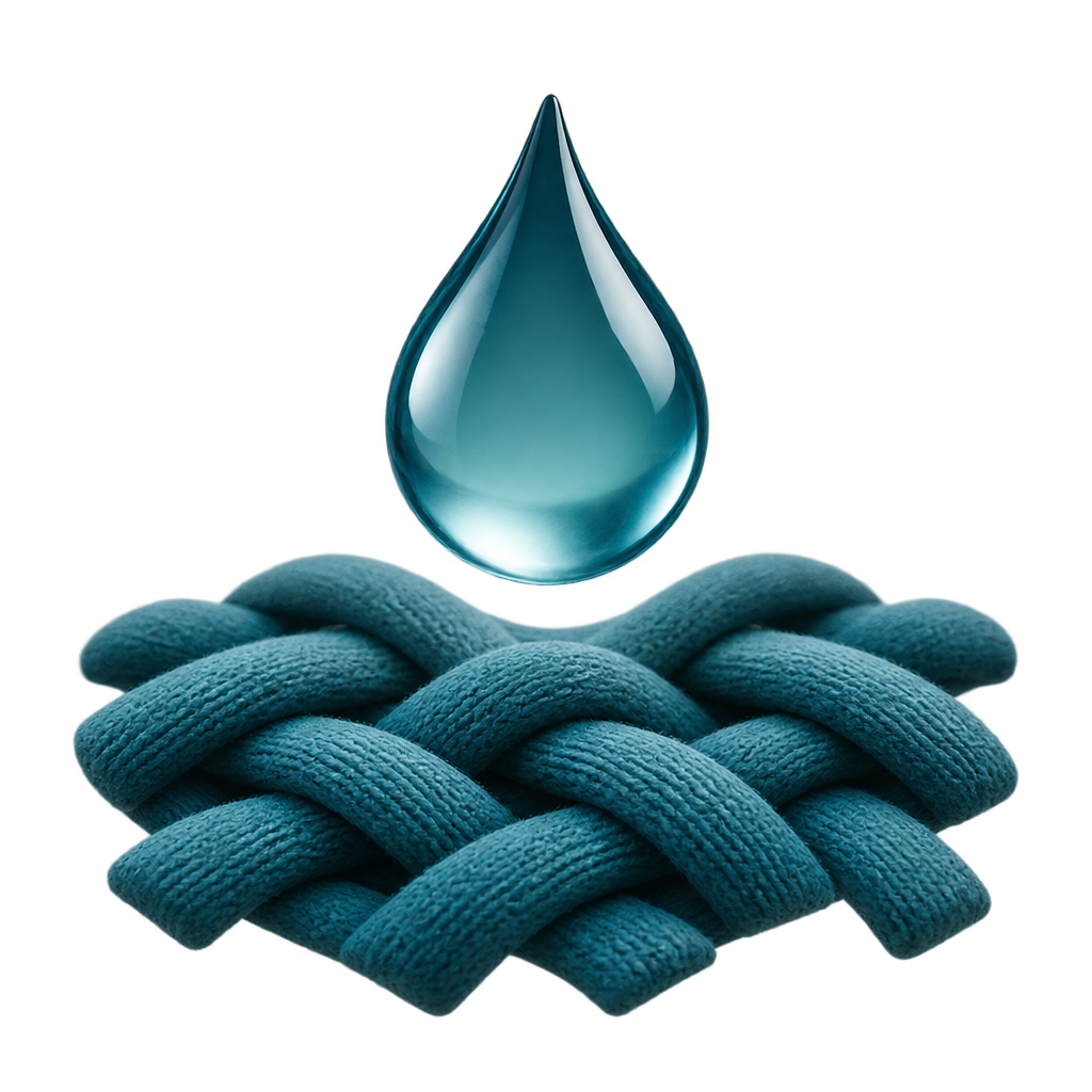 Illustration of a teal water droplet above interwoven teal fibers.
