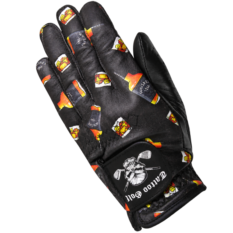 Black golf glove with drink-themed graphics and a Tattoo Golf wrist patch.