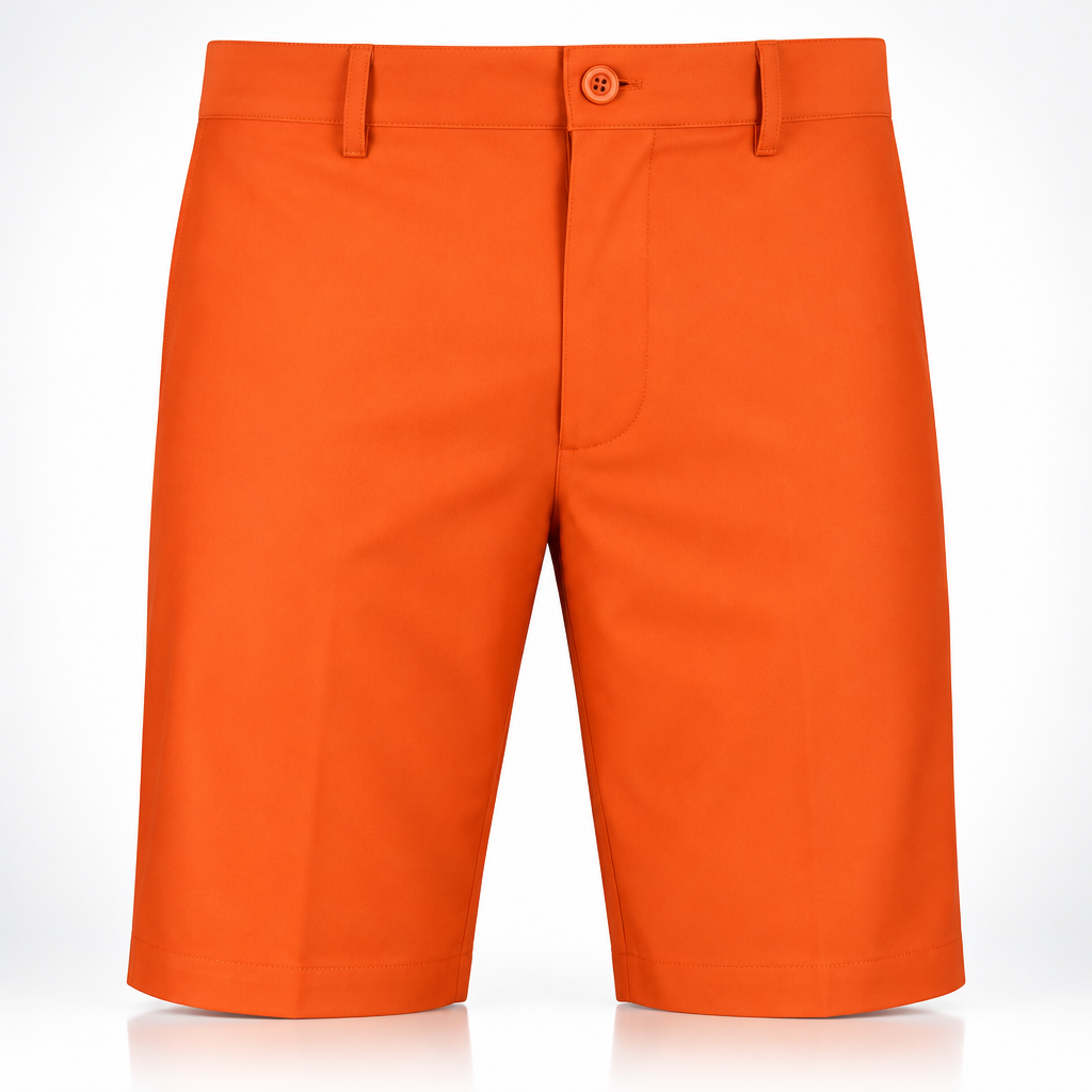 Front view of orange golf shorts with belt loops and a button waist on a white background.