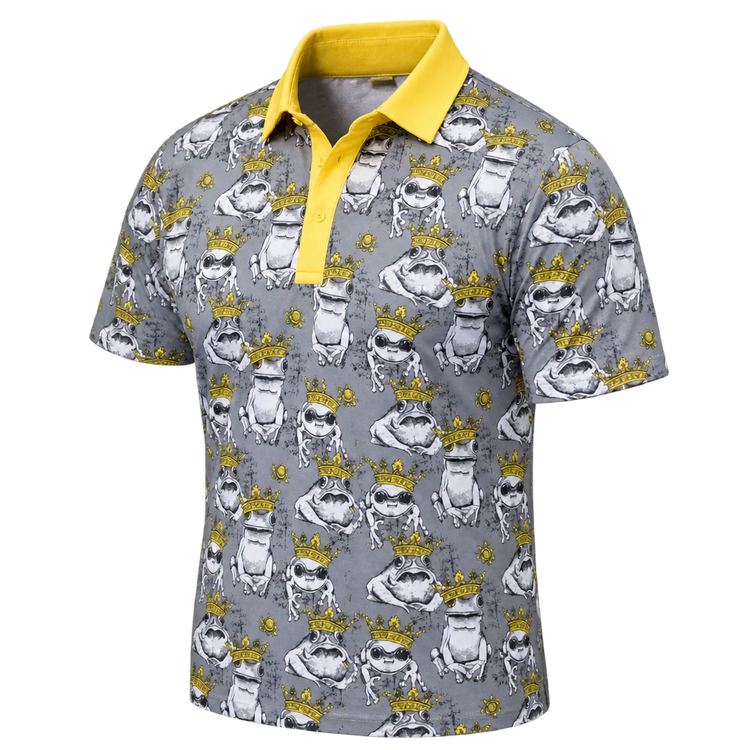 Angled front view of a grey bulldog-print polo with yellow trim.