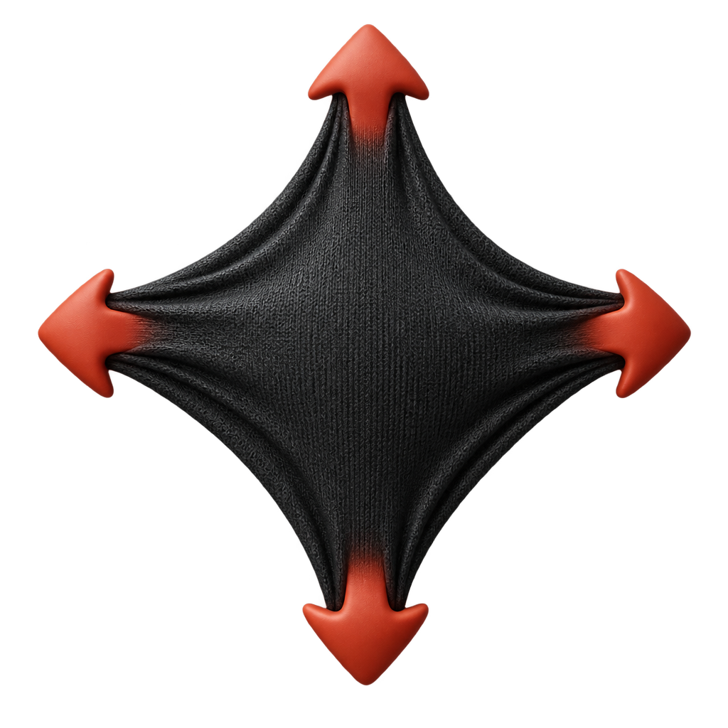 Illustration of black fabric pulled outward in four directions by red arrows.