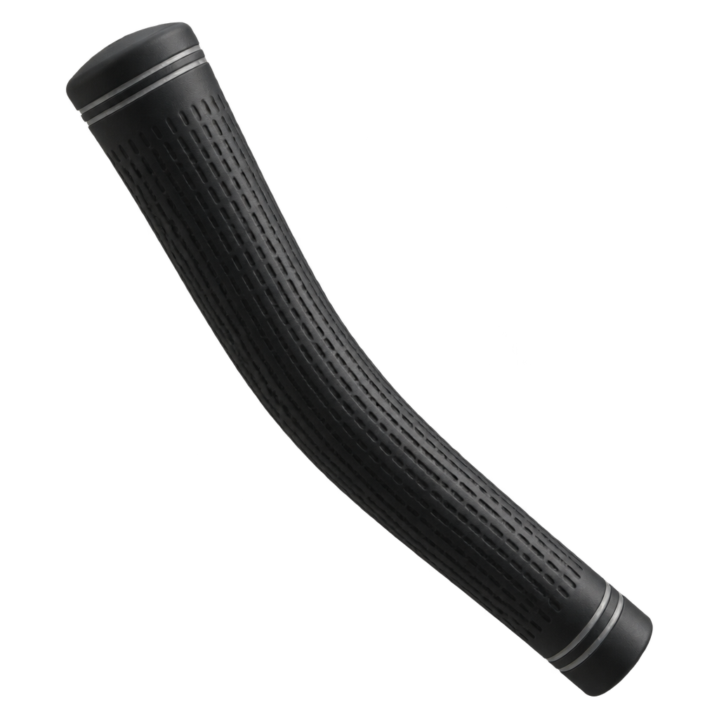 Illustration of a curved, textured black golf-club grip.