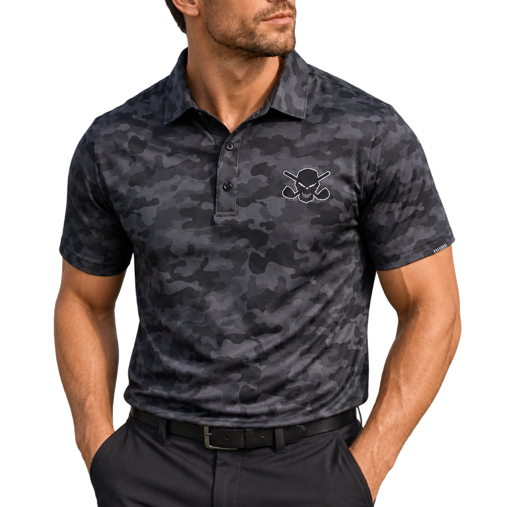 Man wearing a dark grey camouflage golf polo with a skull-and-crossed-clubs chest logo.