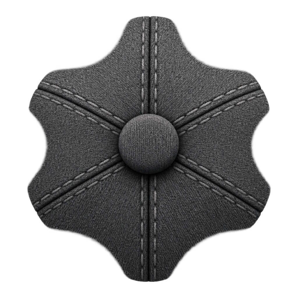 Top-view illustration of grey cap panels, stitched seams and a covered button.