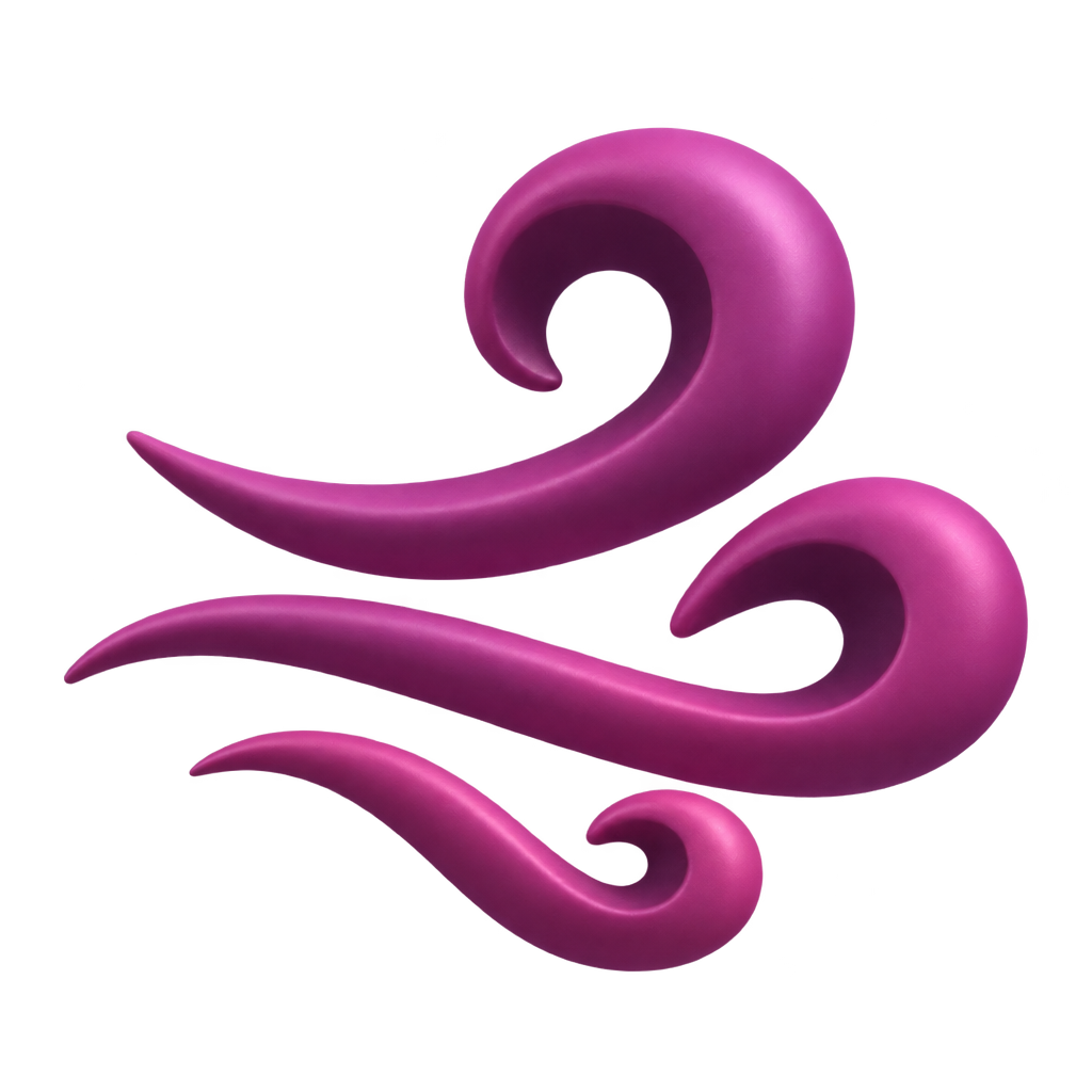 Purple wind icon with three curved flowing lines.