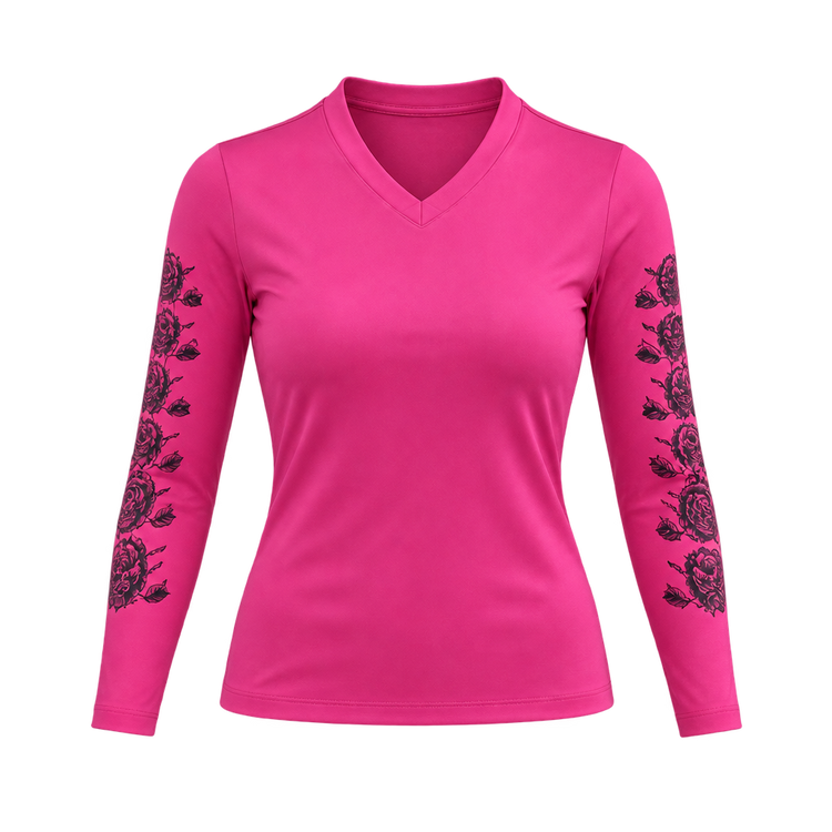 Front view of a pink V-neck long-sleeve top with black skull-and-floral sleeve graphics.