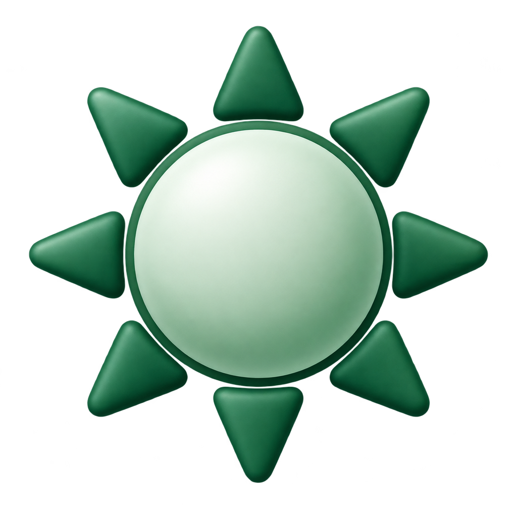 Green-and-white sun icon with pointed rays.