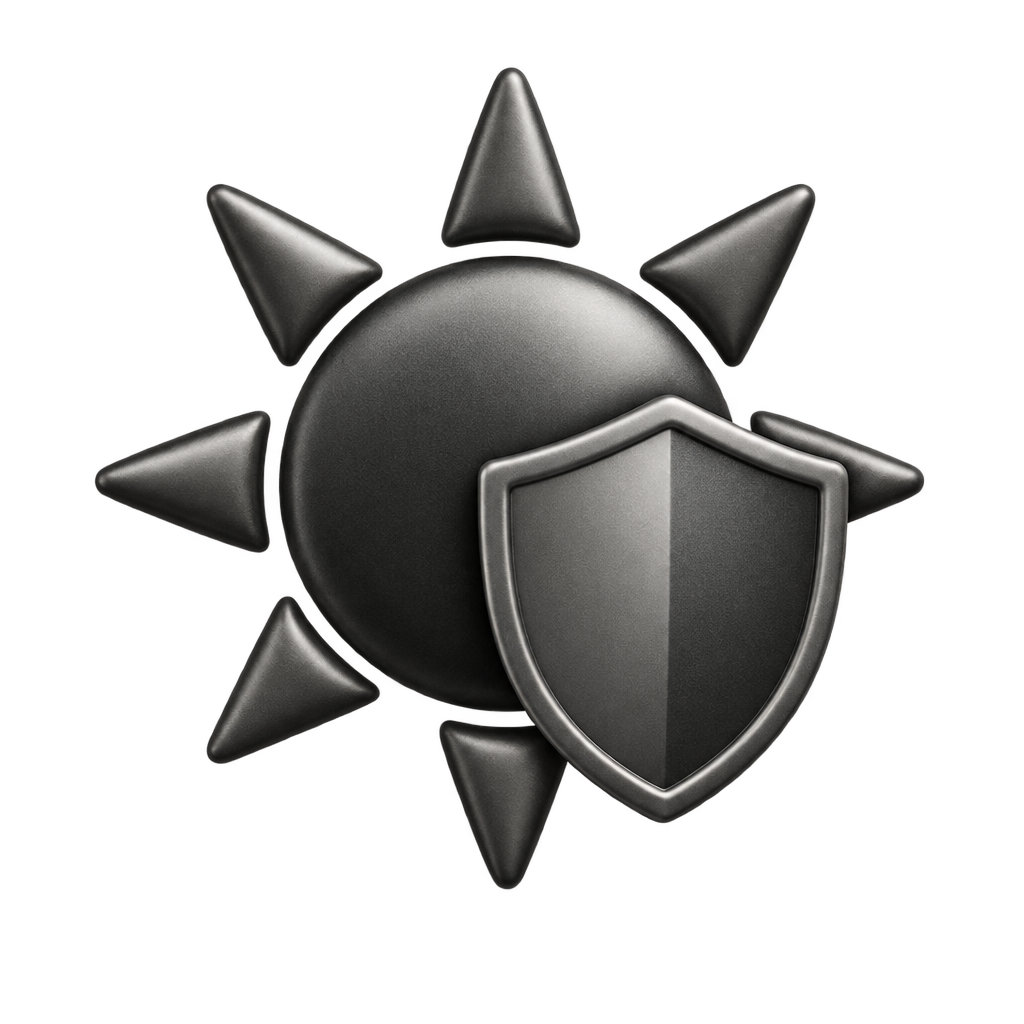Dark sun-and-shield icon illustrating sun protection.