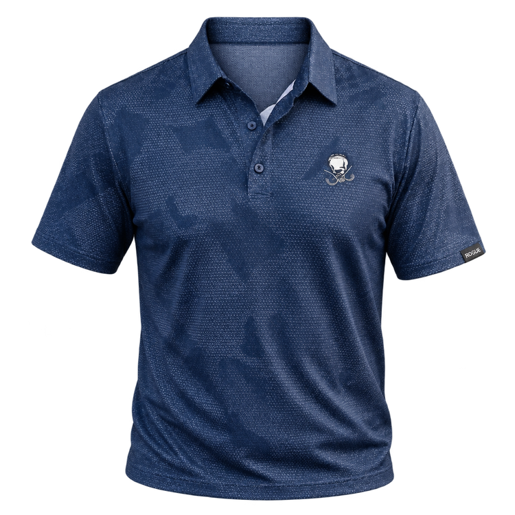 Front view of a navy tonal-patterned golf polo with a small skull chest logo.