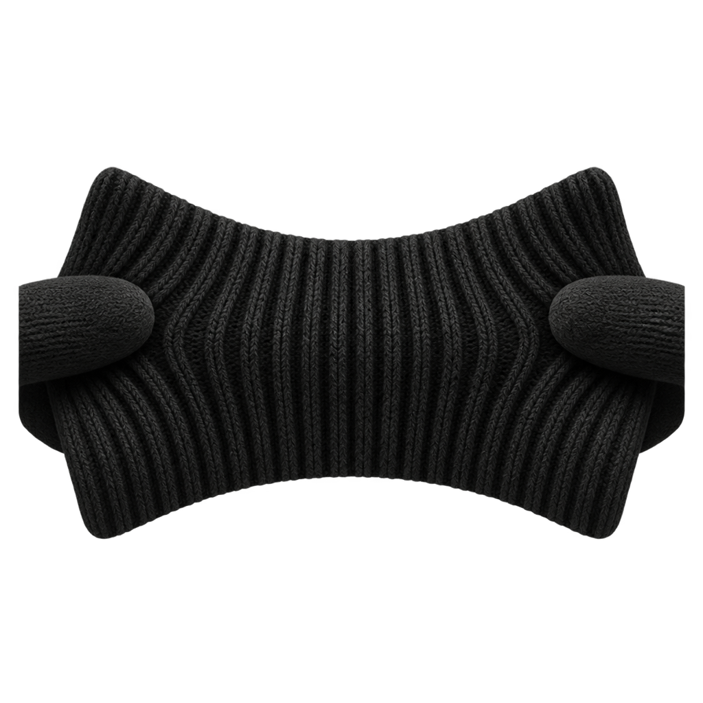 Illustration of hands stretching a black rib-knit swatch sideways.