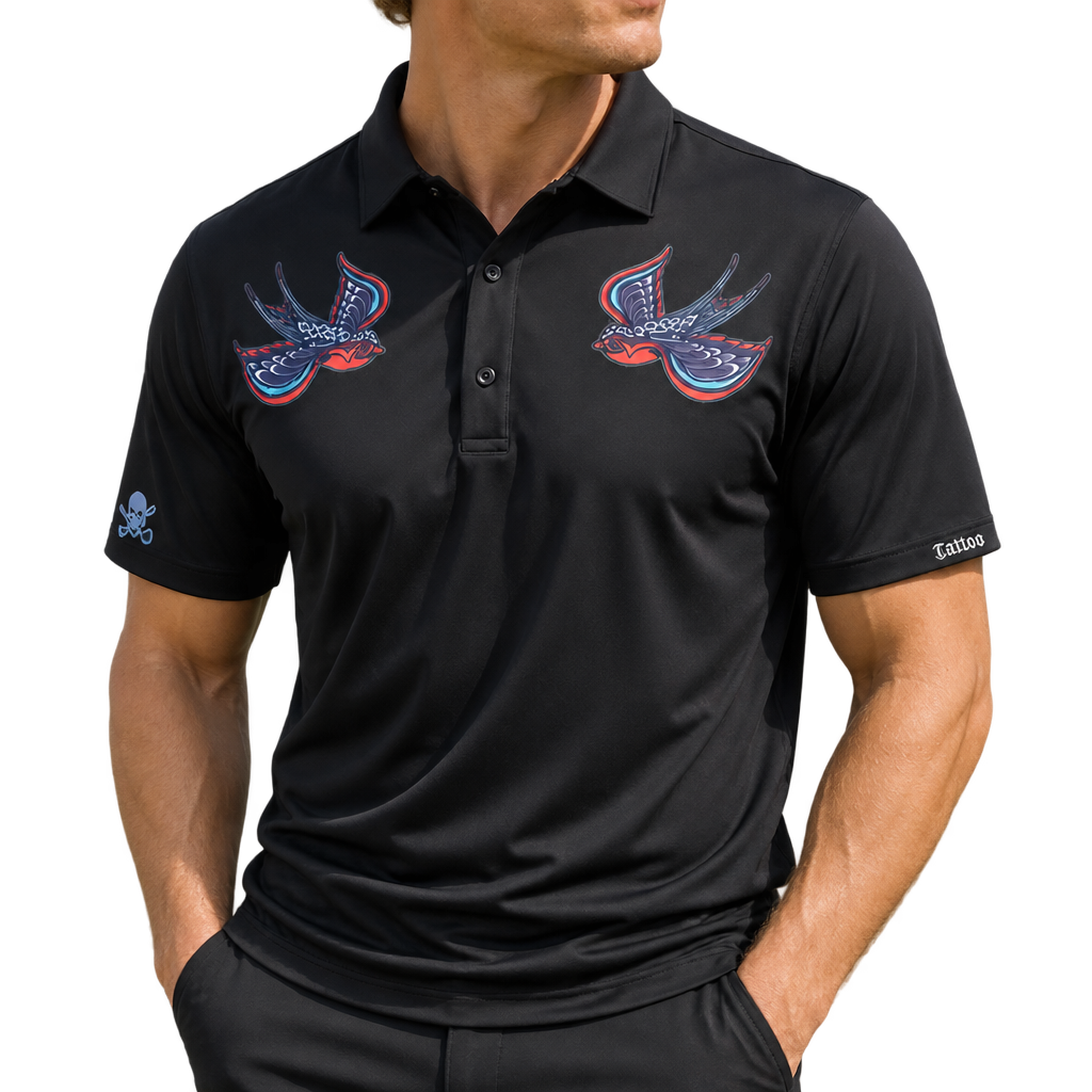 Man wearing a black Birdie golf polo with two red-and-blue bird graphics across the chest.