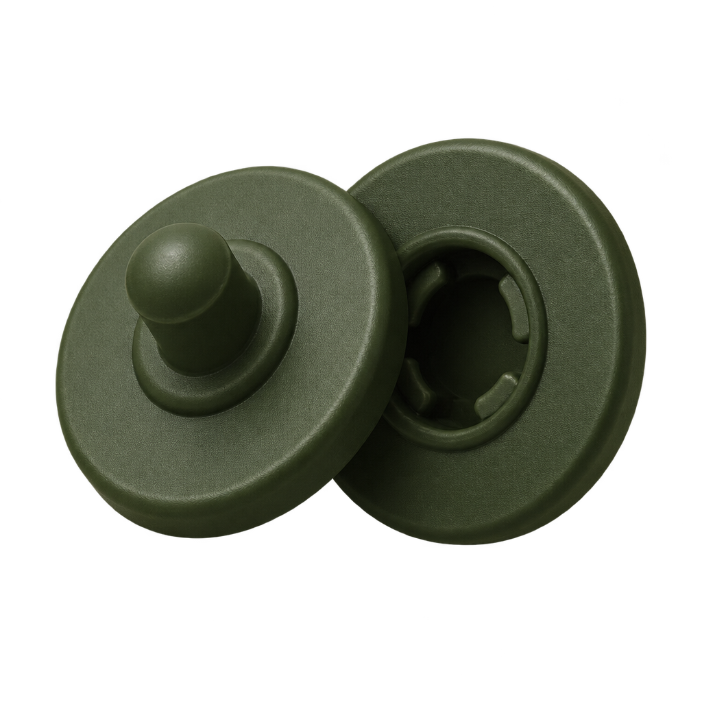 Illustration of two dark green snap-fastener pieces.