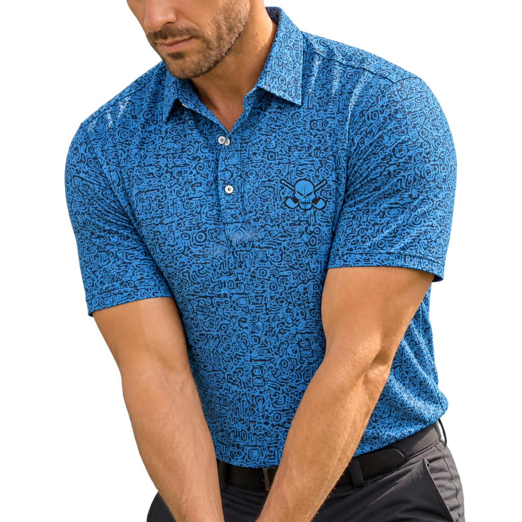 Close-up of a golfer wearing the Tattoo Golf Summertime blue golf polo, showing its all-over line-art print and skull chest logo.