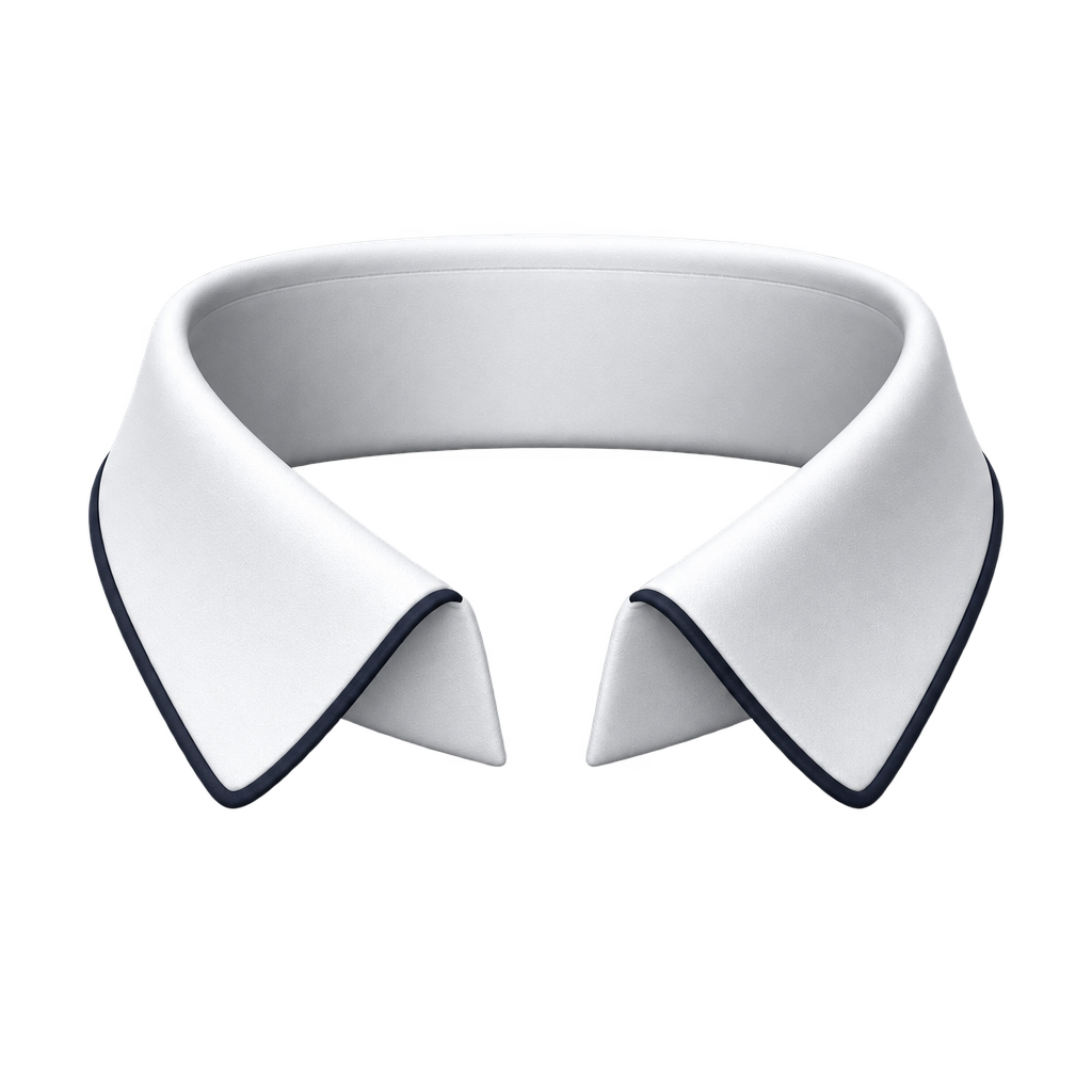 White polo collar with dark edge trim, shown against a black background.