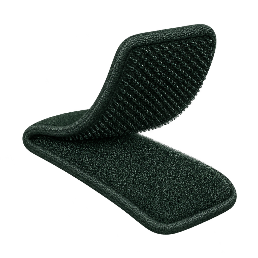 Illustration of an open dark green hook-and-loop fastening strip.