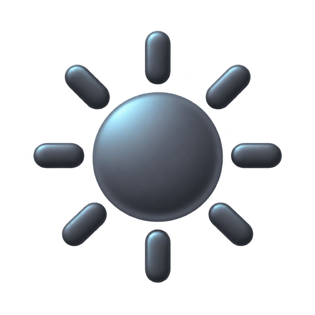 Grey sun icon with pale blue highlights and rounded rays.