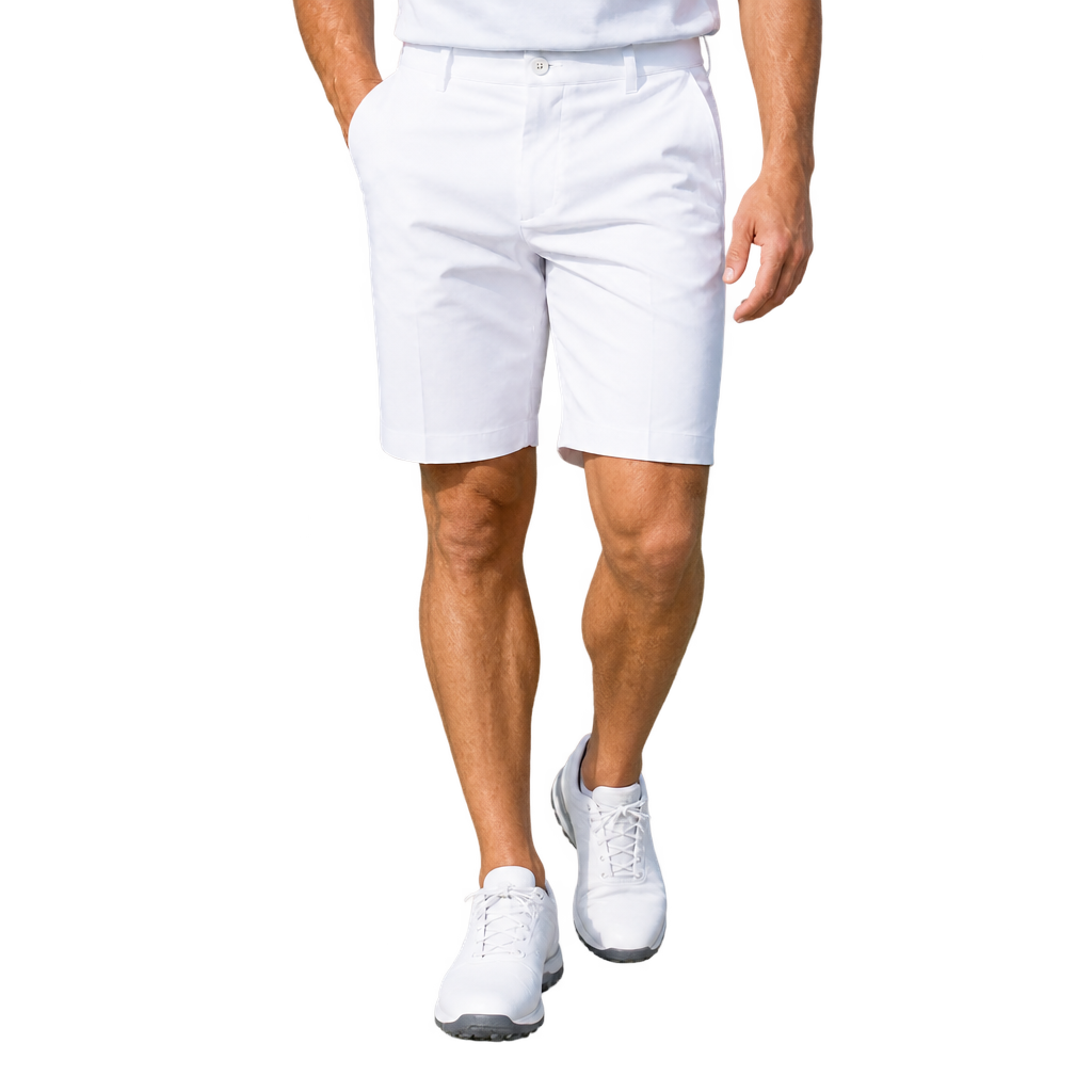 Man wearing white golf shorts, a white polo and white shoes, shown from the waist down.