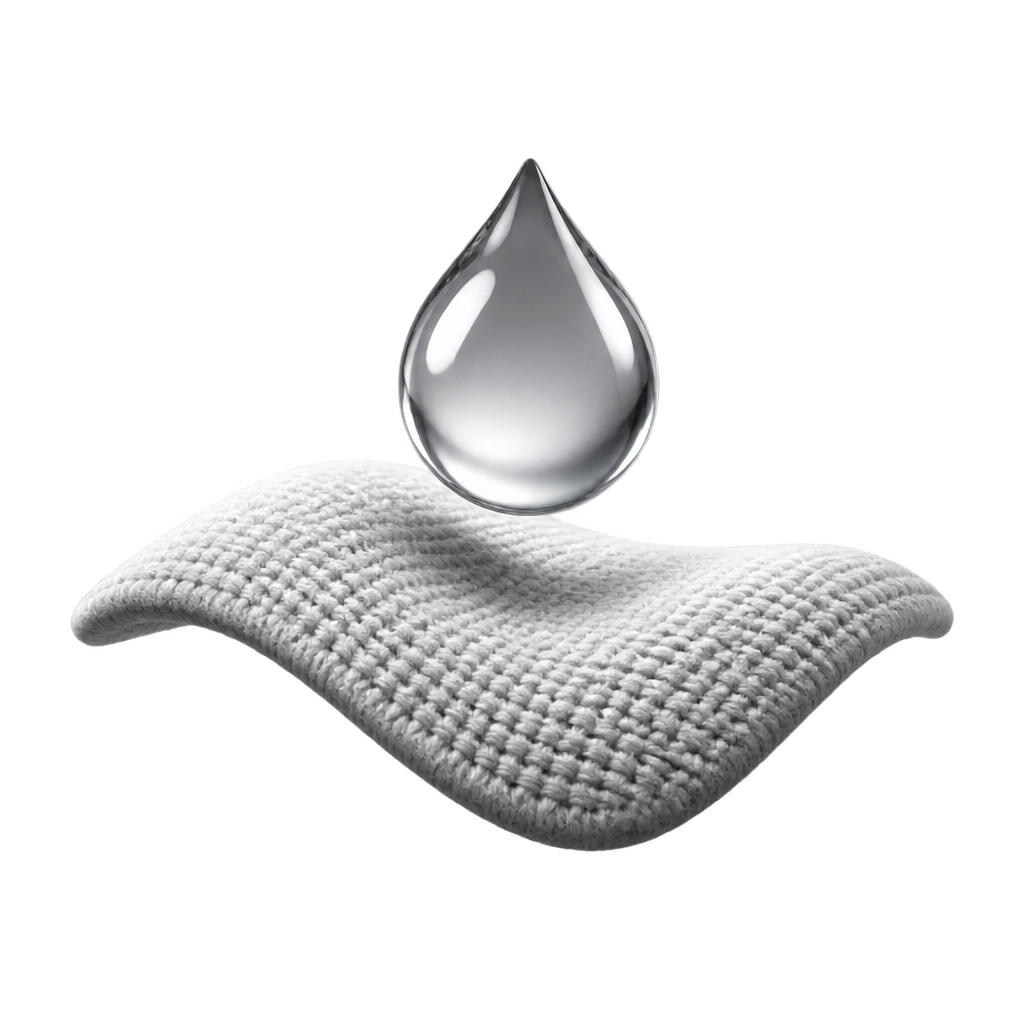 Reflective water droplet above a curved piece of light-colored knitted fabric.