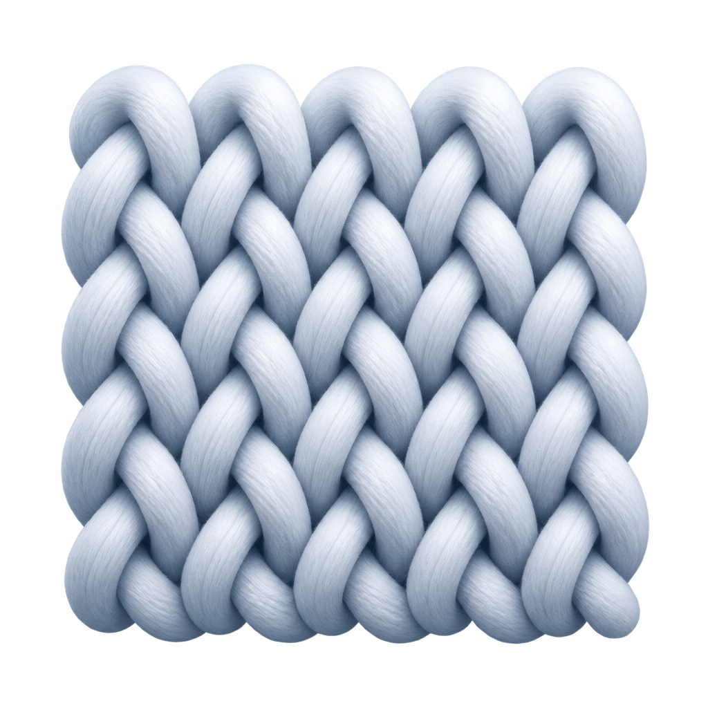 Illustrated close-up of interlocking white knit stitches.
