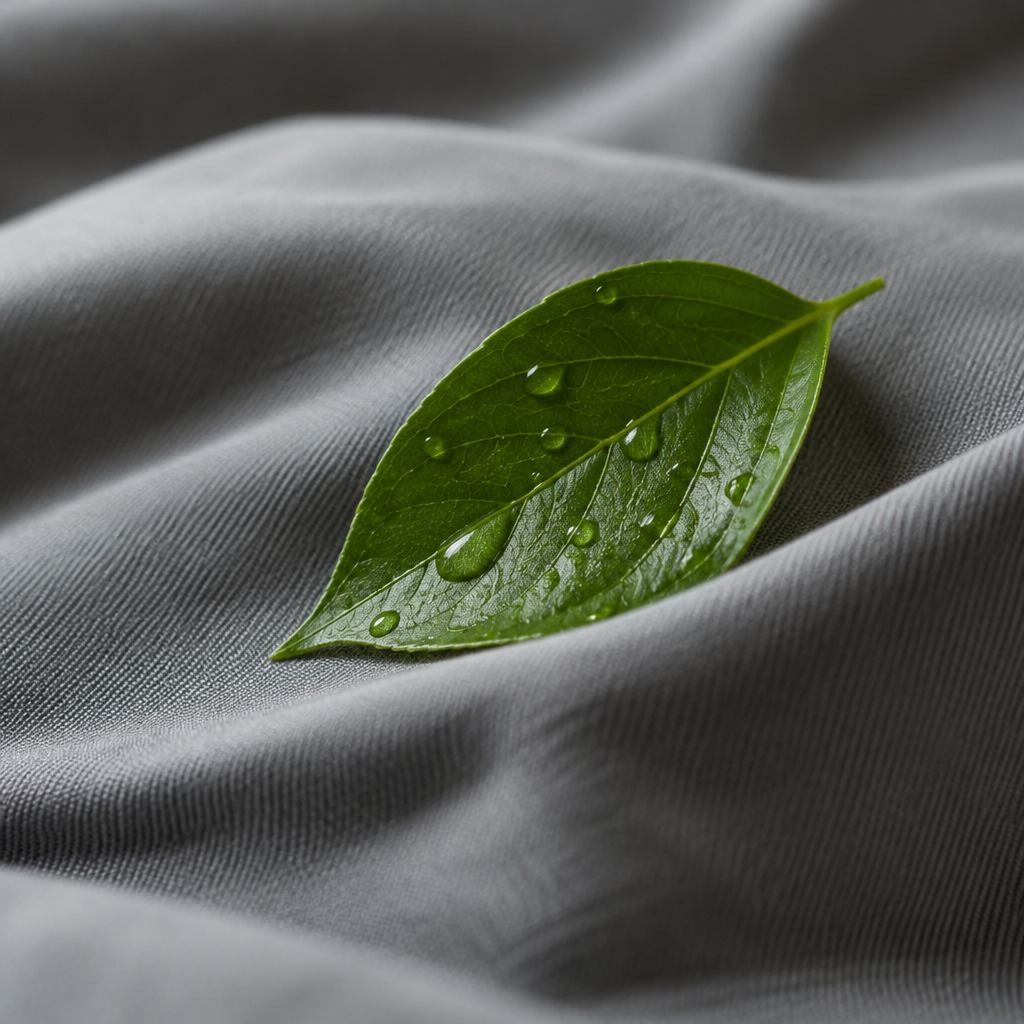 Green leaf with water droplets resting on folded grey fabric.