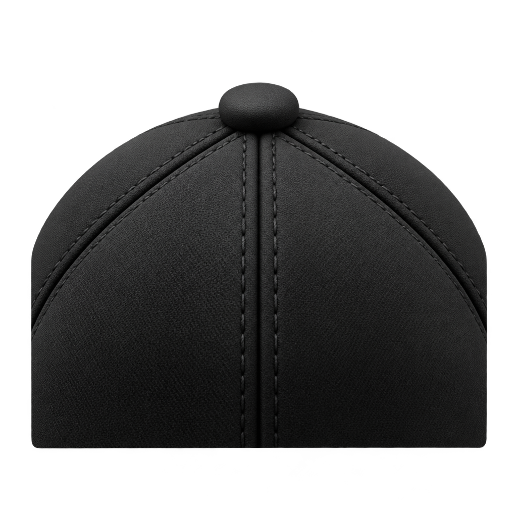 Close-up illustration of black cap panel stitching and a covered top button.