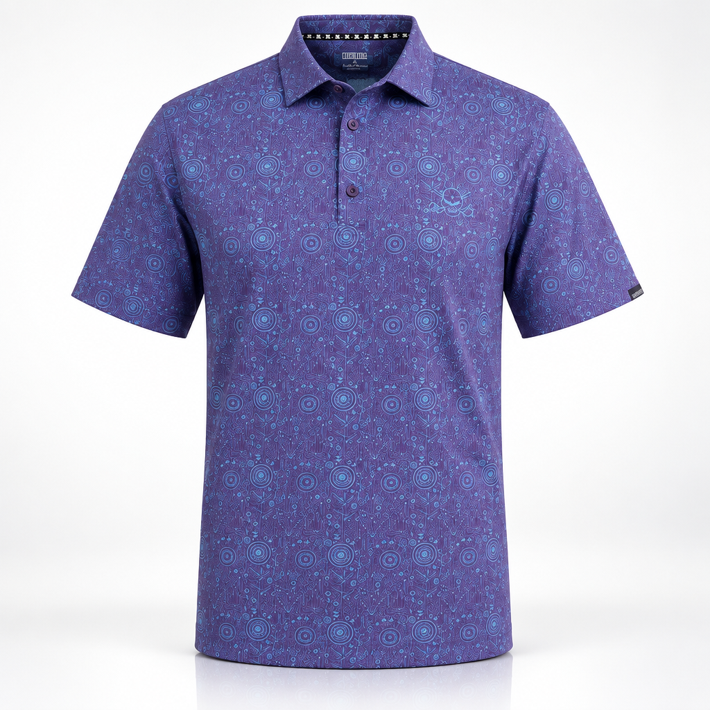 Front view of the Tattoo Golf Hazard purple and blue golf polo showing the collar, button placket, and circular line-art print.