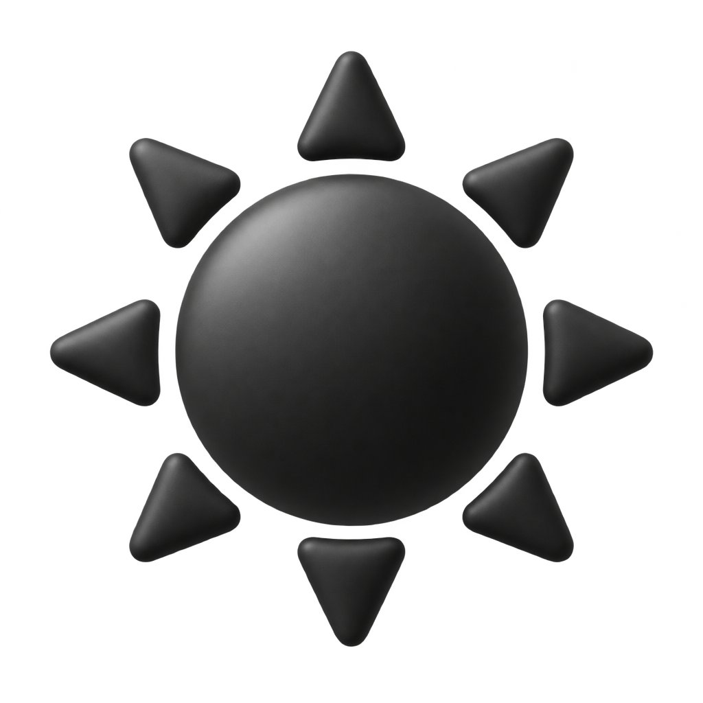 Black sun icon with triangular rays on a dark background.