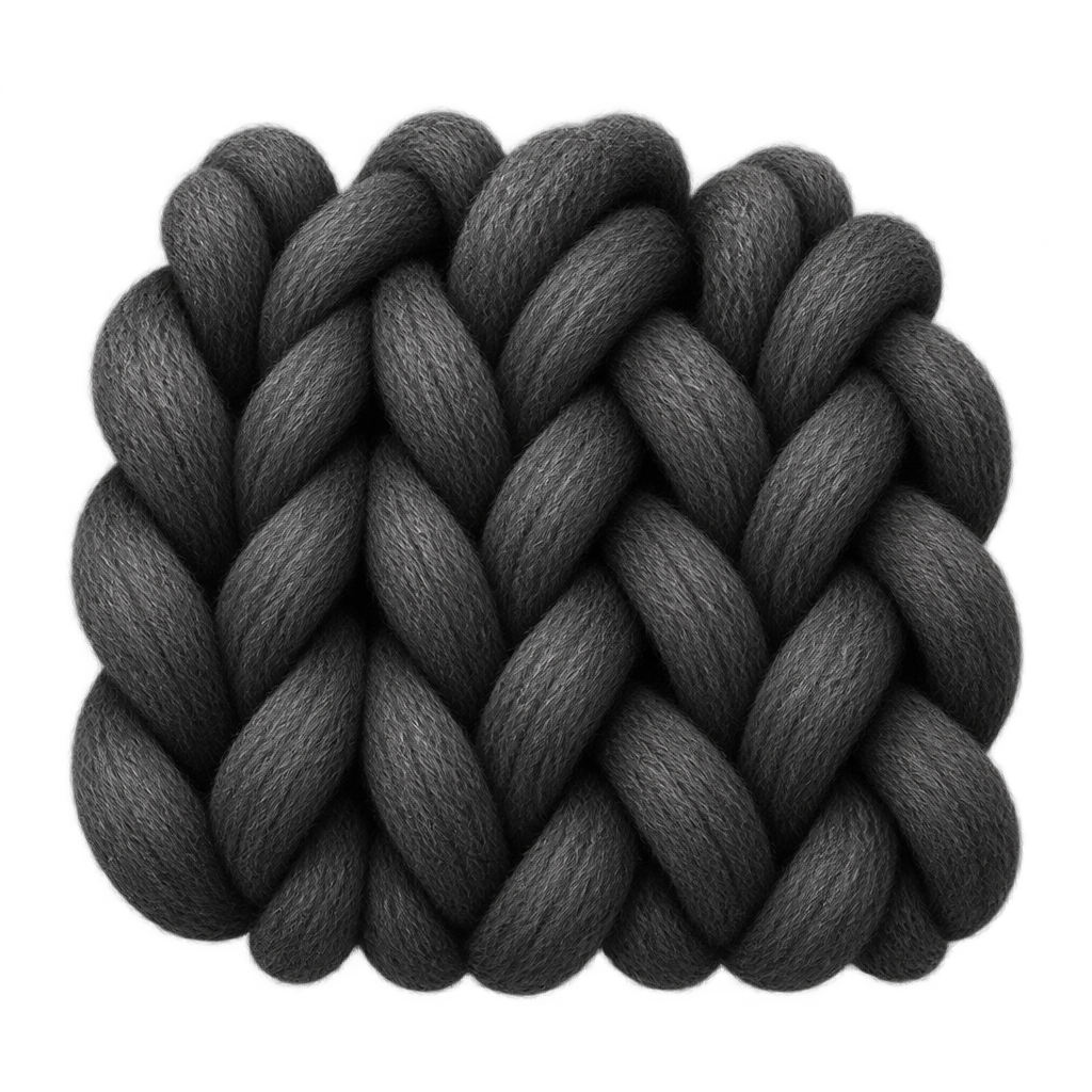 Illustration of enlarged grey interlocking knit stitches.