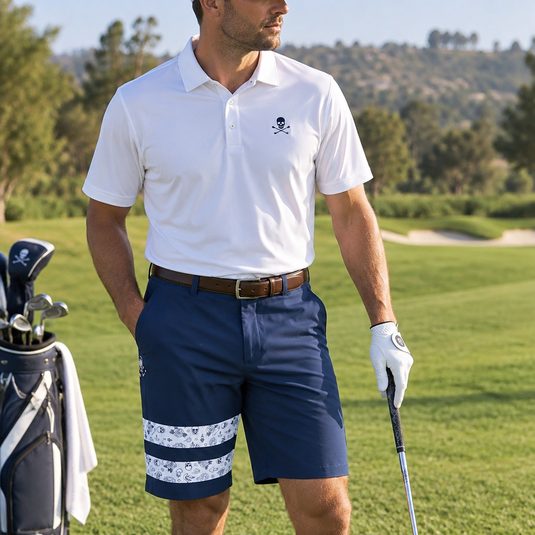 Golfer standing beside a golf bag in a white polo and navy shorts with white patterned leg bands.