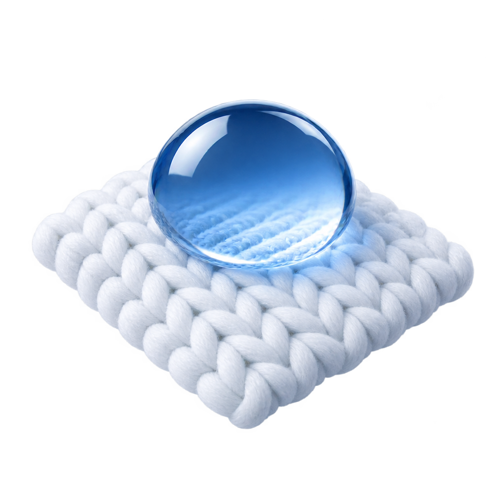 Illustration of a blue-tinted water droplet on a white knitted swatch.