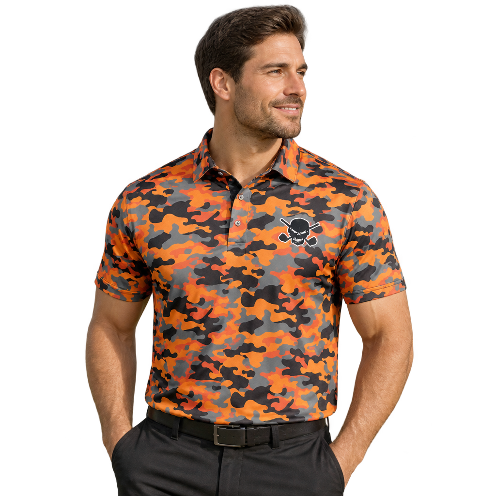 Man wearing an orange, grey and black camouflage golf polo with a skull-and-crossed-clubs chest logo.