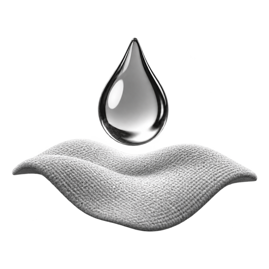 Illustration of a water droplet suspended above a white textured fabric swatch.