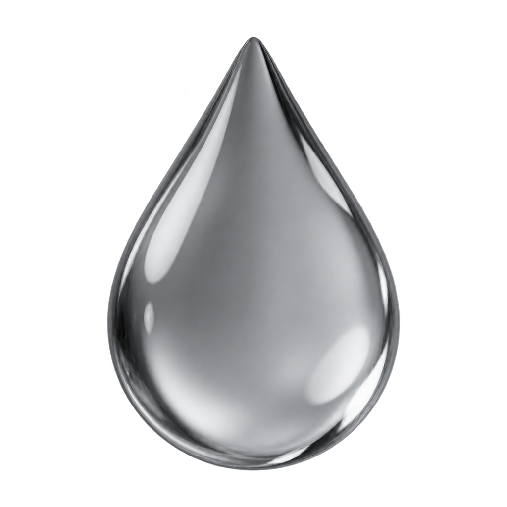 Clear water-droplet illustration against a black background.