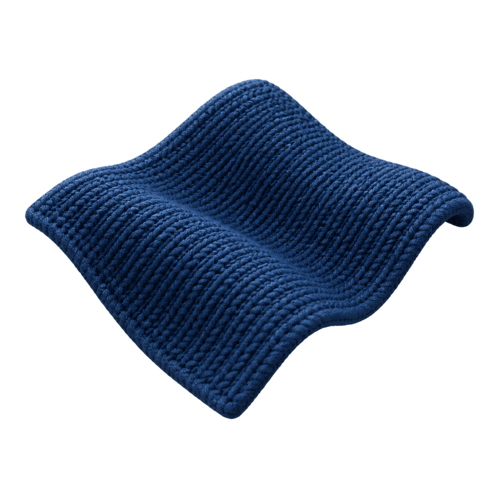 Illustration of a curved navy knitted fabric swatch.
