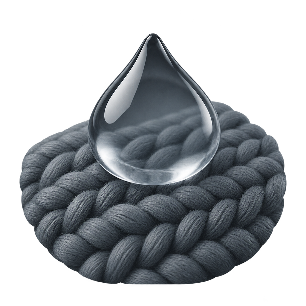 Illustration of a clear water droplet resting on enlarged grey knit stitches.