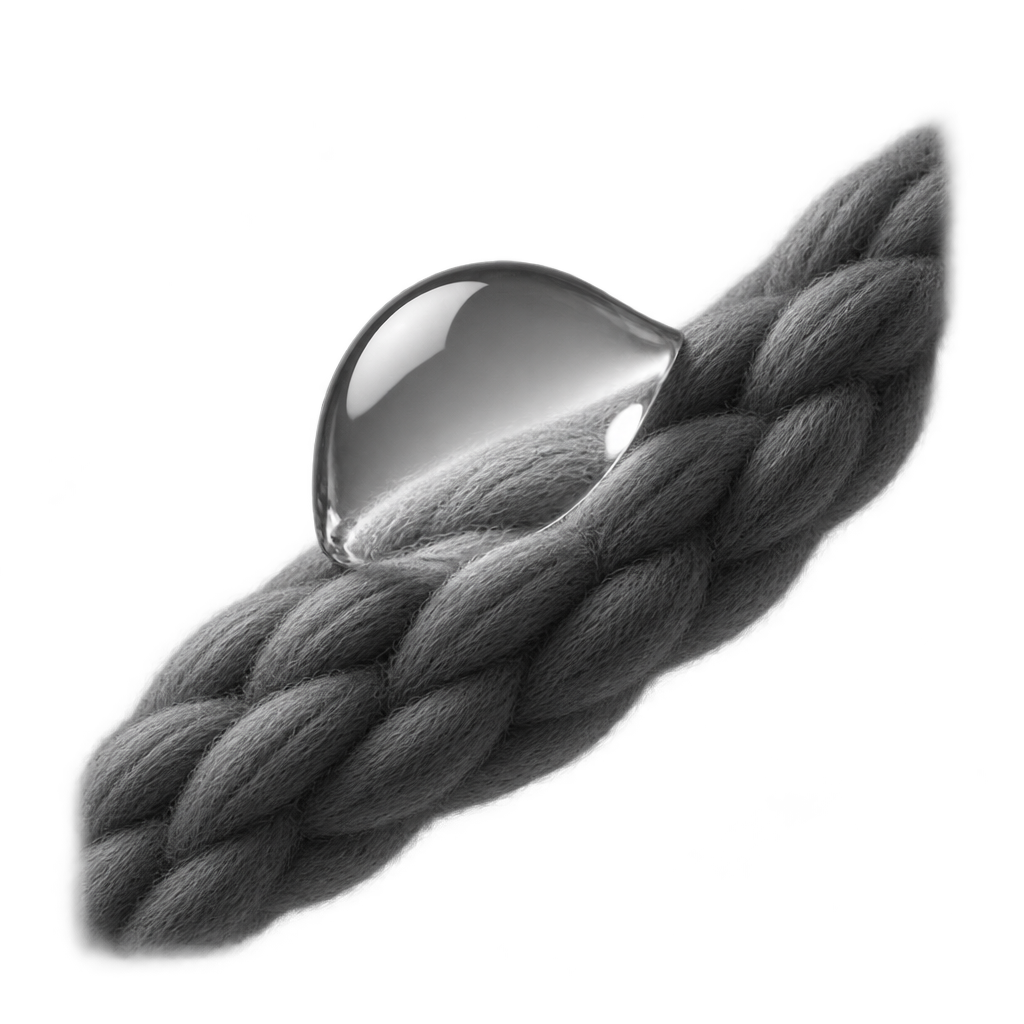 Illustration of a clear water droplet resting on twisted grey fibers.