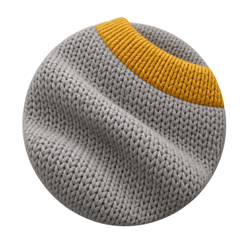 Illustration of grey knitted fabric with yellow ribbed trim.