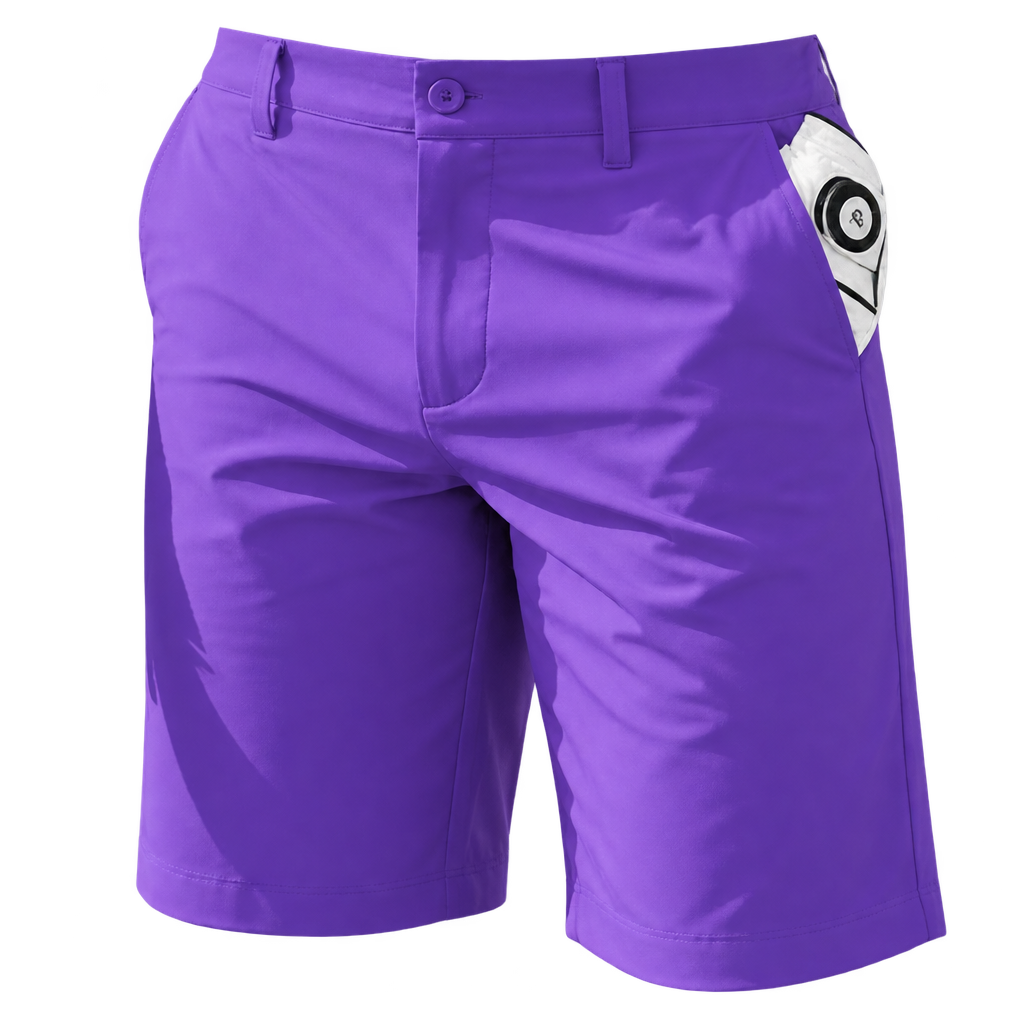 Front view of purple golf shorts with a white golf glove tucked into a pocket.
