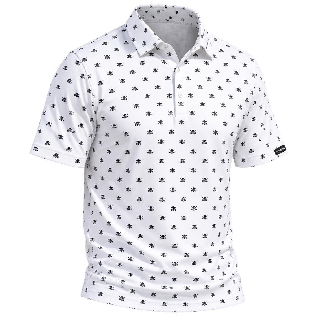 Front view of a white golf polo with a repeating black skull print.