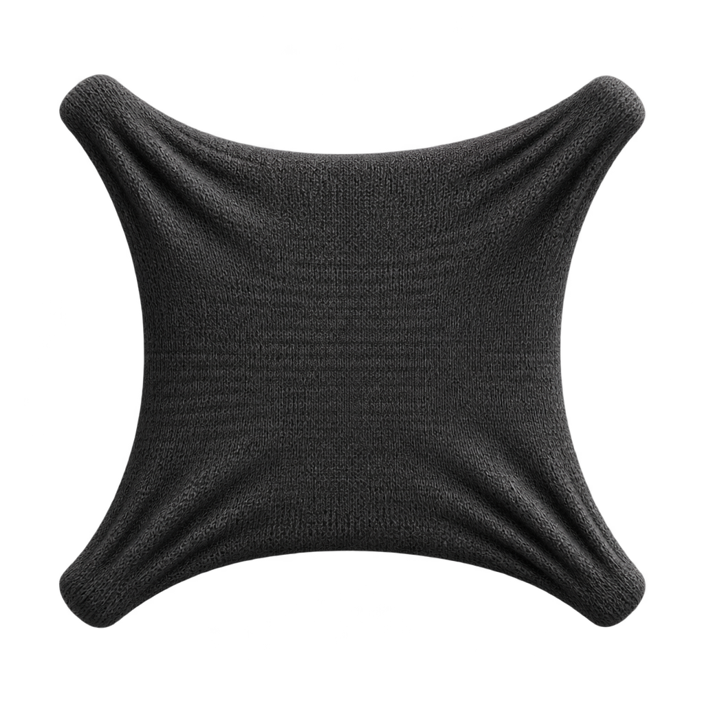 Illustration of a square black knitted swatch pulled taut at its corners.