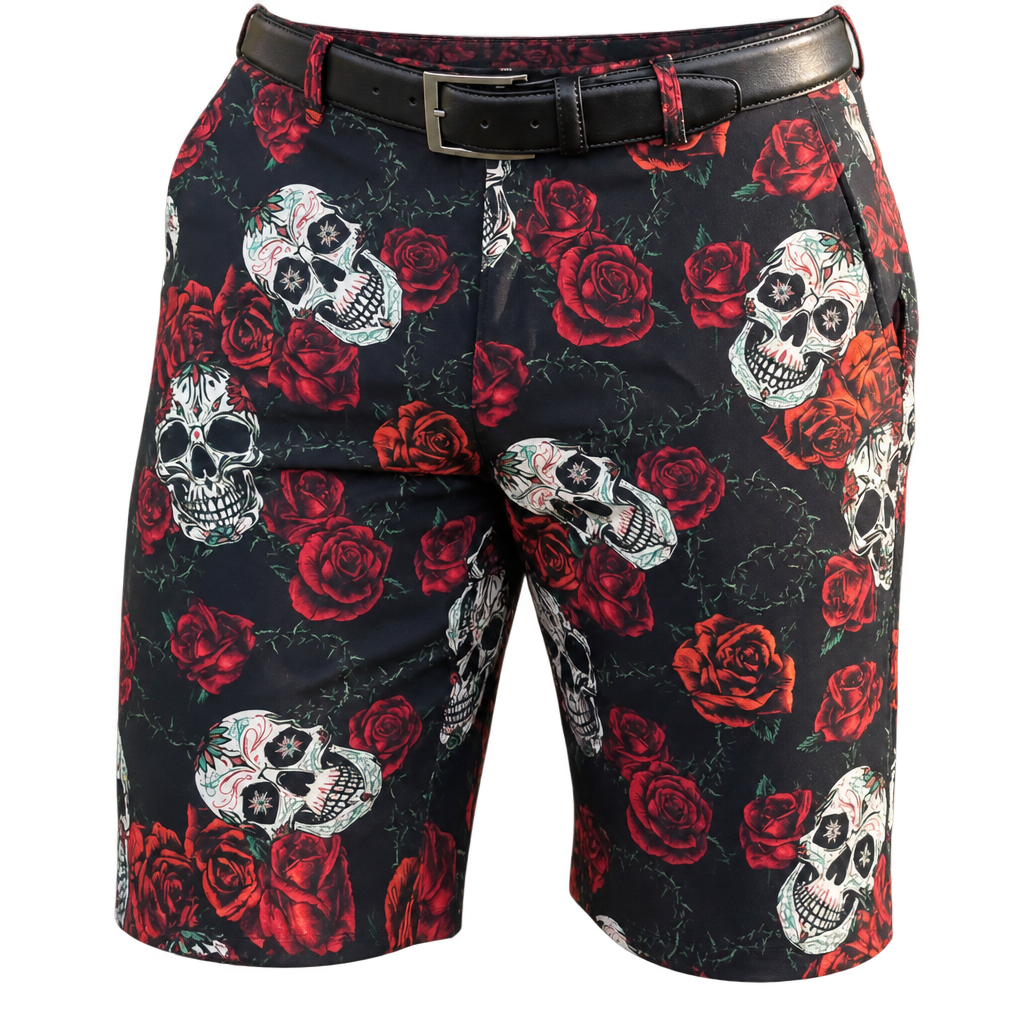 Angled front view of black sugar-skull and red-rose golf shorts with a black belt.