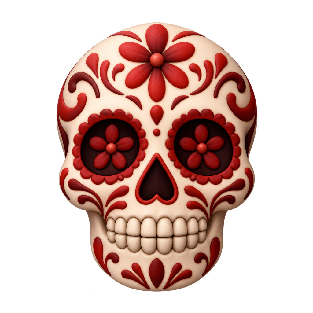 Cream-colored sugar skull decorated with red flowers and scroll patterns.