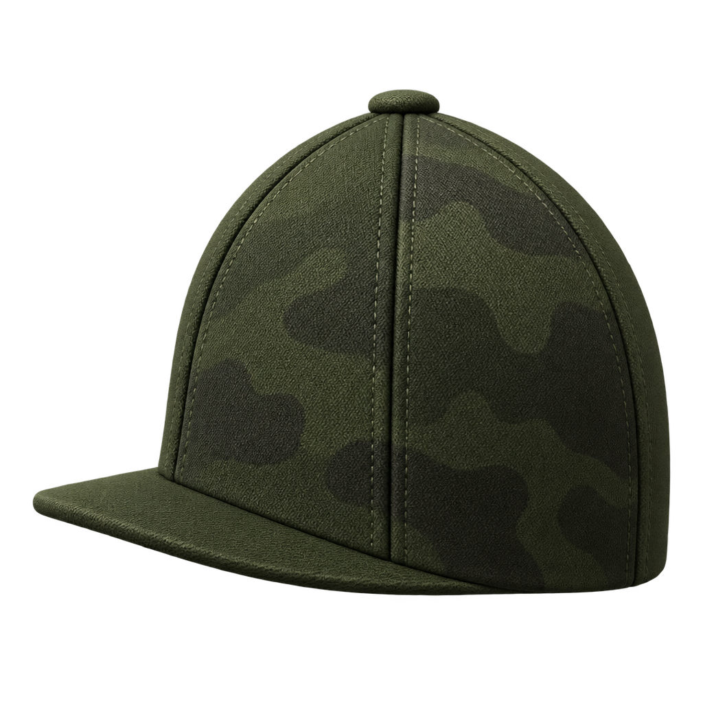 Illustration of camouflage cap panels and a stitched center seam.
