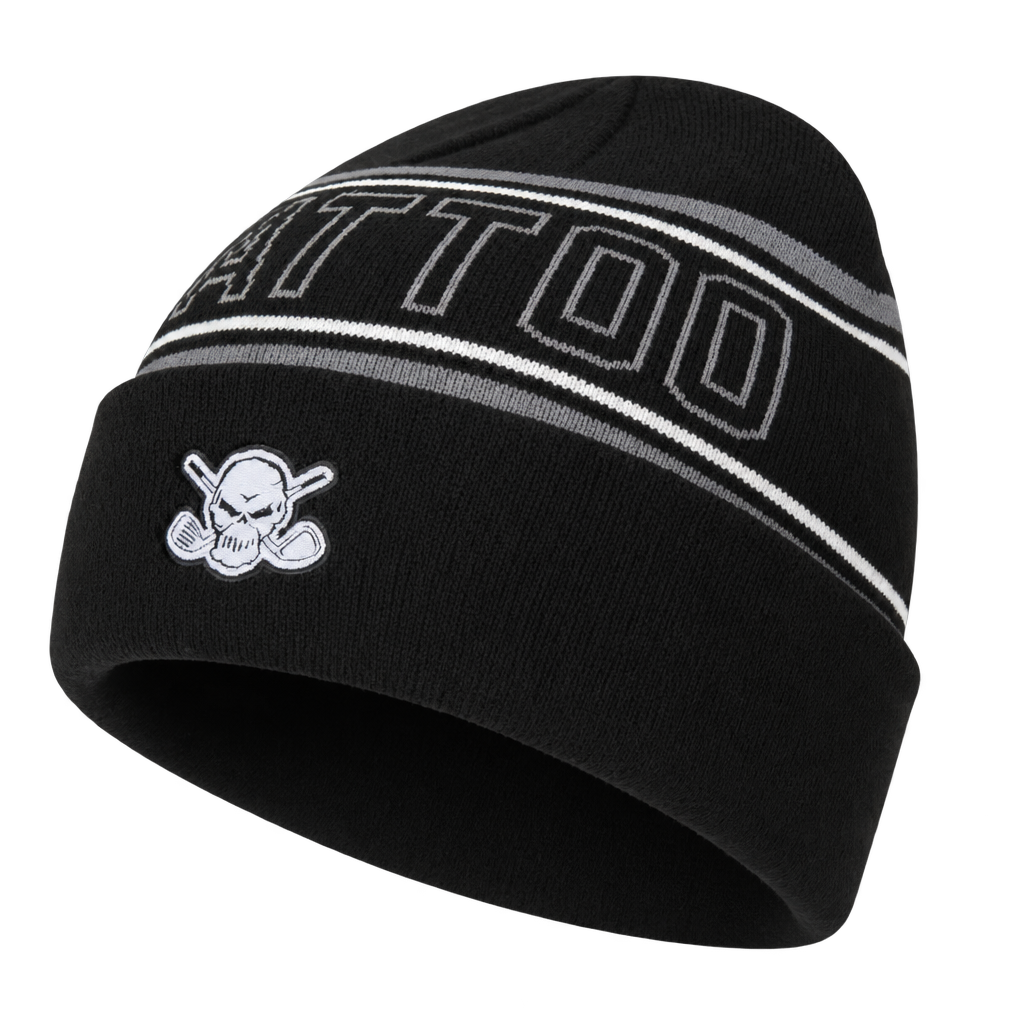 Black cuffed beanie with grey stripes, outlined TATTOO lettering and a skull patch.
