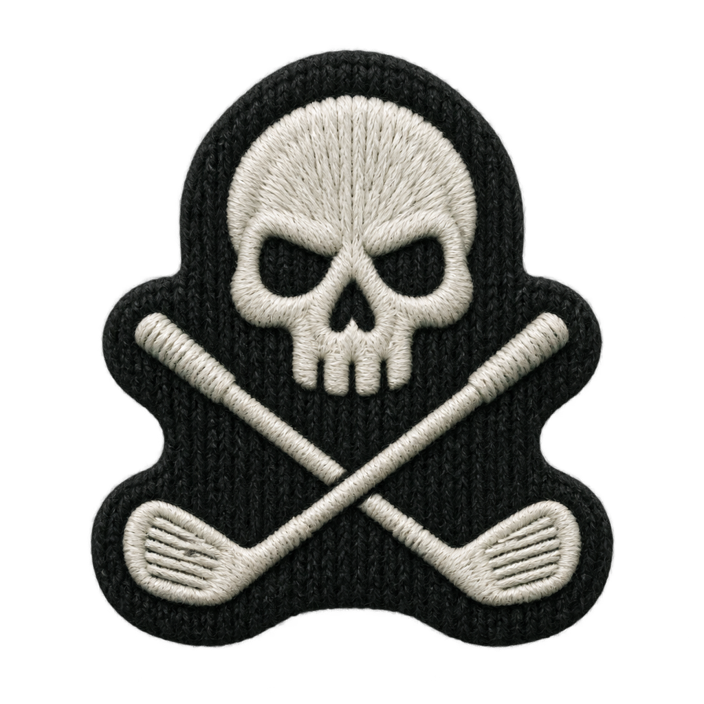 Cream-colored embroidered-style skull-and-crossed-clubs patch on black.