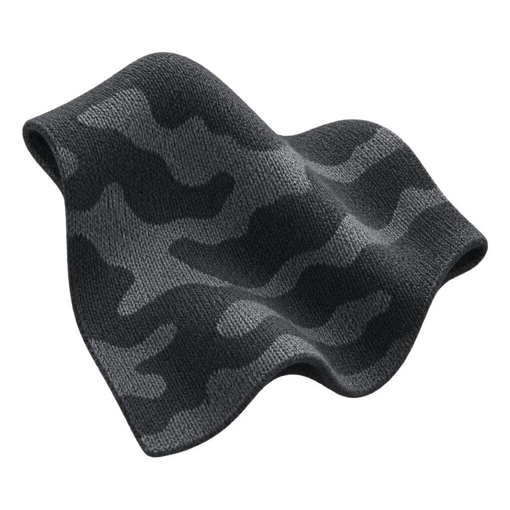 Illustration of a folded dark grey and black camouflage fabric swatch.